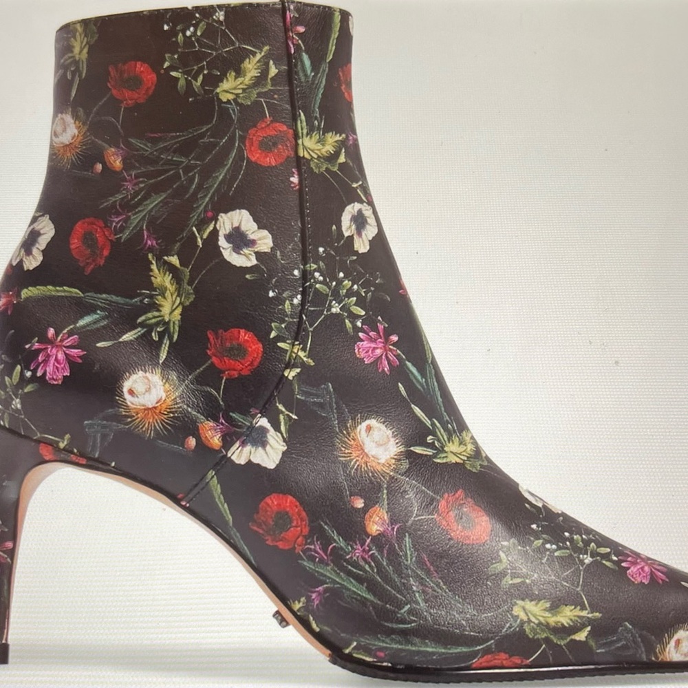 SCHUTZ Floral Pointed Toe Ankle Boot - Black Floral